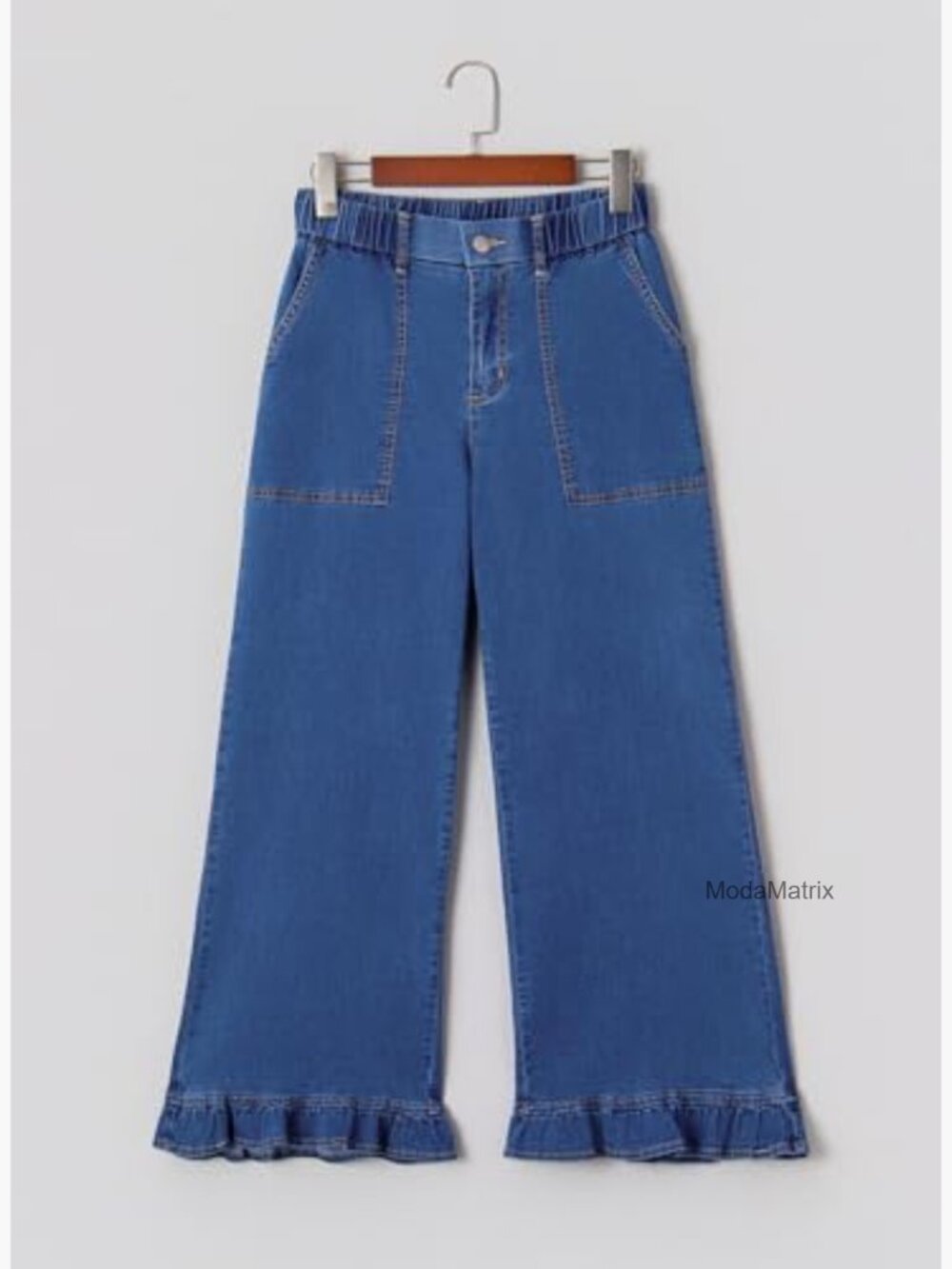 High Waisted Wide Leg Jeans with Ruffle Hem Stretch Denim Pants - Picture 5 of 6